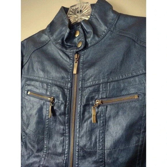 New Montana Co Size Small Faux Leather Jacket Shimmery Blue Mock Neck Biker Moto - Picture 2 of 5